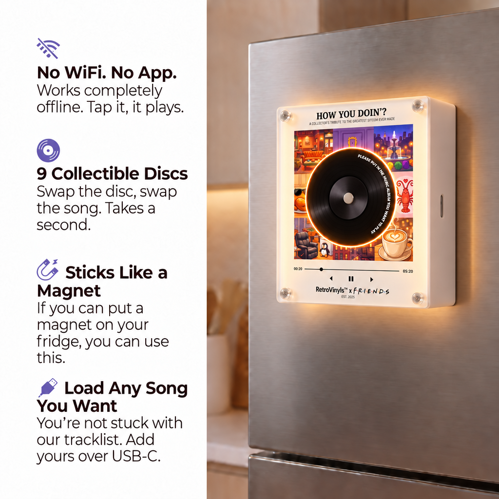 RetroVinyls light-up frame on the fridge with key features