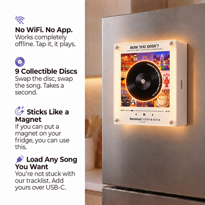RetroVinyls light-up frame on the fridge with key features