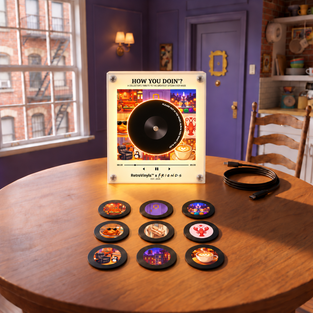 RetroVinyls FRIENDS frame lit up with 9 discs on a table